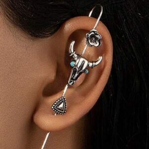 🌵1 Pc Western Turquoise Stone Cow Head Cactus Long Pin Stud Earring & Bracelet